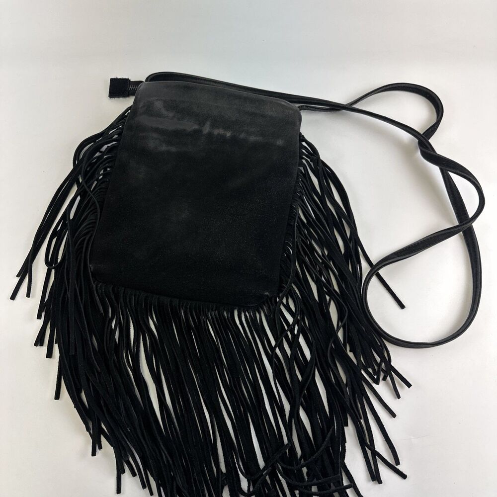 Monserat de Lucca Black Suede Fringe Trim Purse Crossbody Bag Zip Festival Boho - Picture 6 of 16